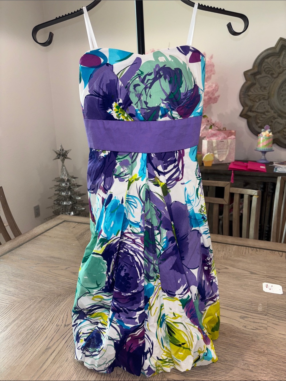 Girls Floral Spaghetti Strap Dress with Purple Waistband
